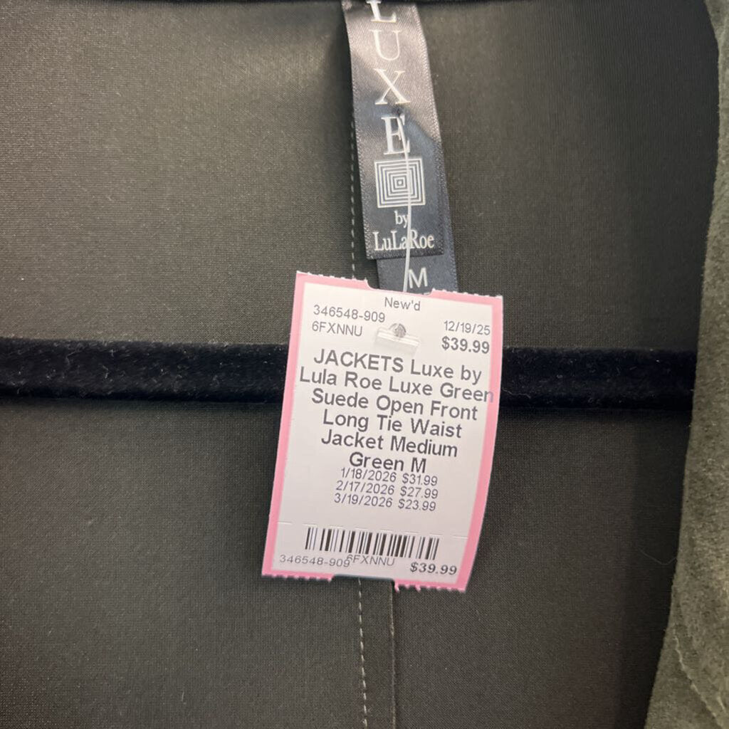 Luxe Green Suede Open Front Long Tie Waist Jacket Medium