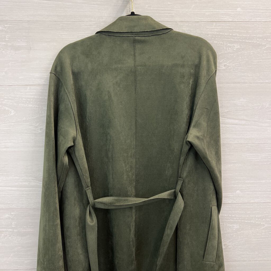 Luxe Green Suede Open Front Long Tie Waist Jacket Medium