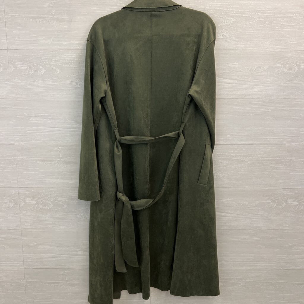 Luxe Green Suede Open Front Long Tie Waist Jacket Medium