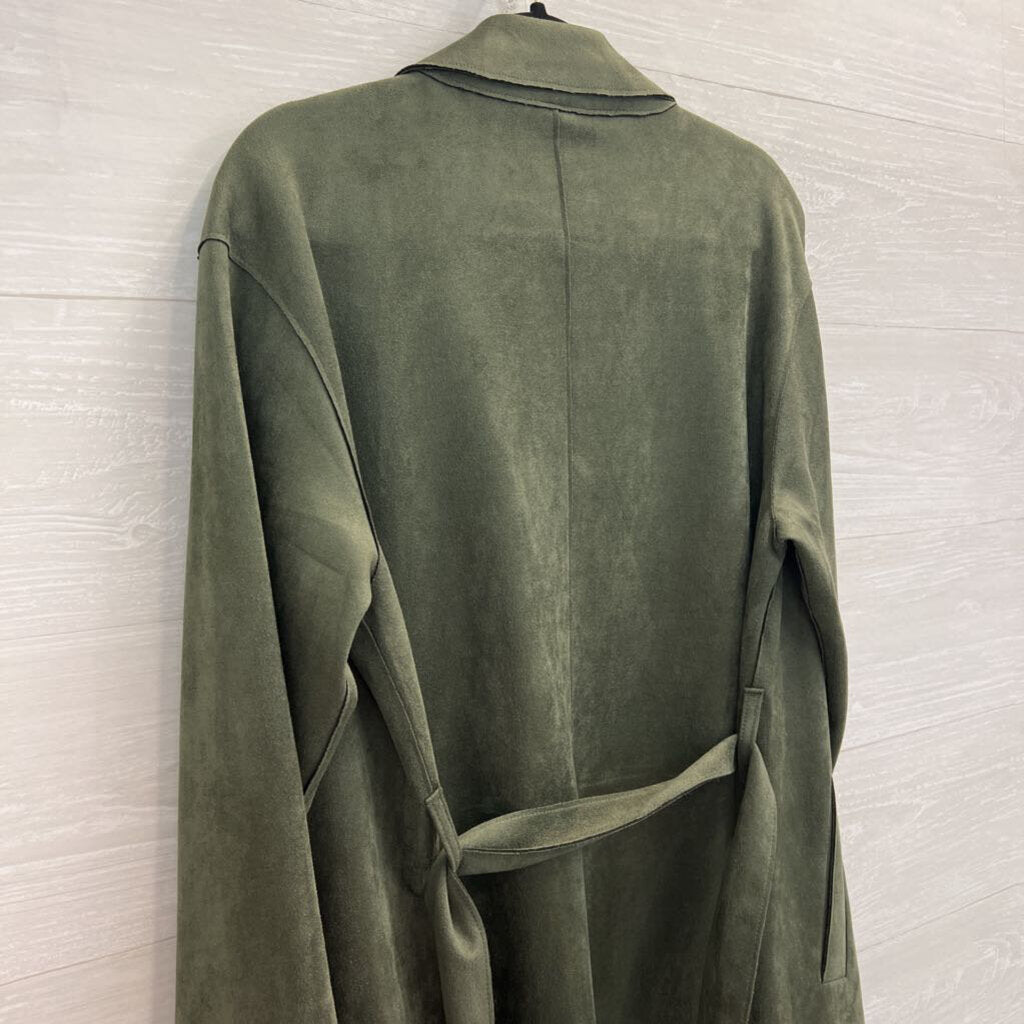 Luxe Green Suede Open Front Long Tie Waist Jacket Medium