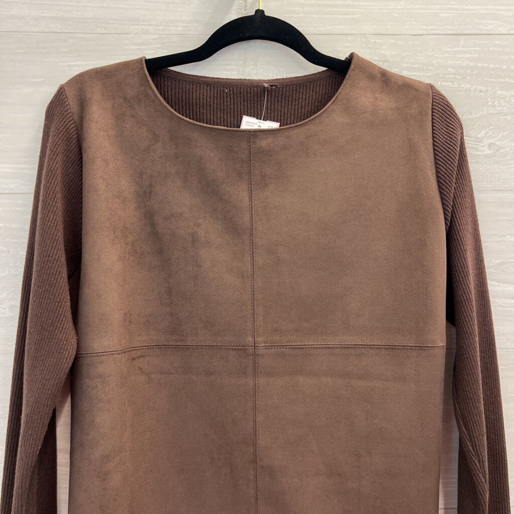 Brown Ribbed Long Sleeve Suede Front Top Medium