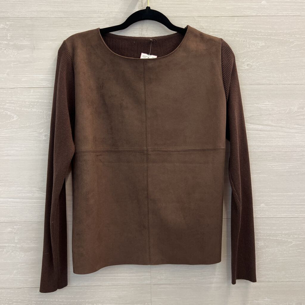 Brown Ribbed Long Sleeve Suede Front Top Medium