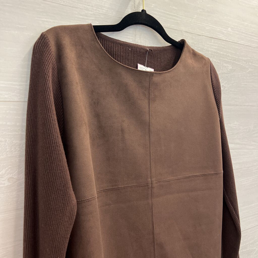 Brown Ribbed Long Sleeve Suede Front Top Medium
