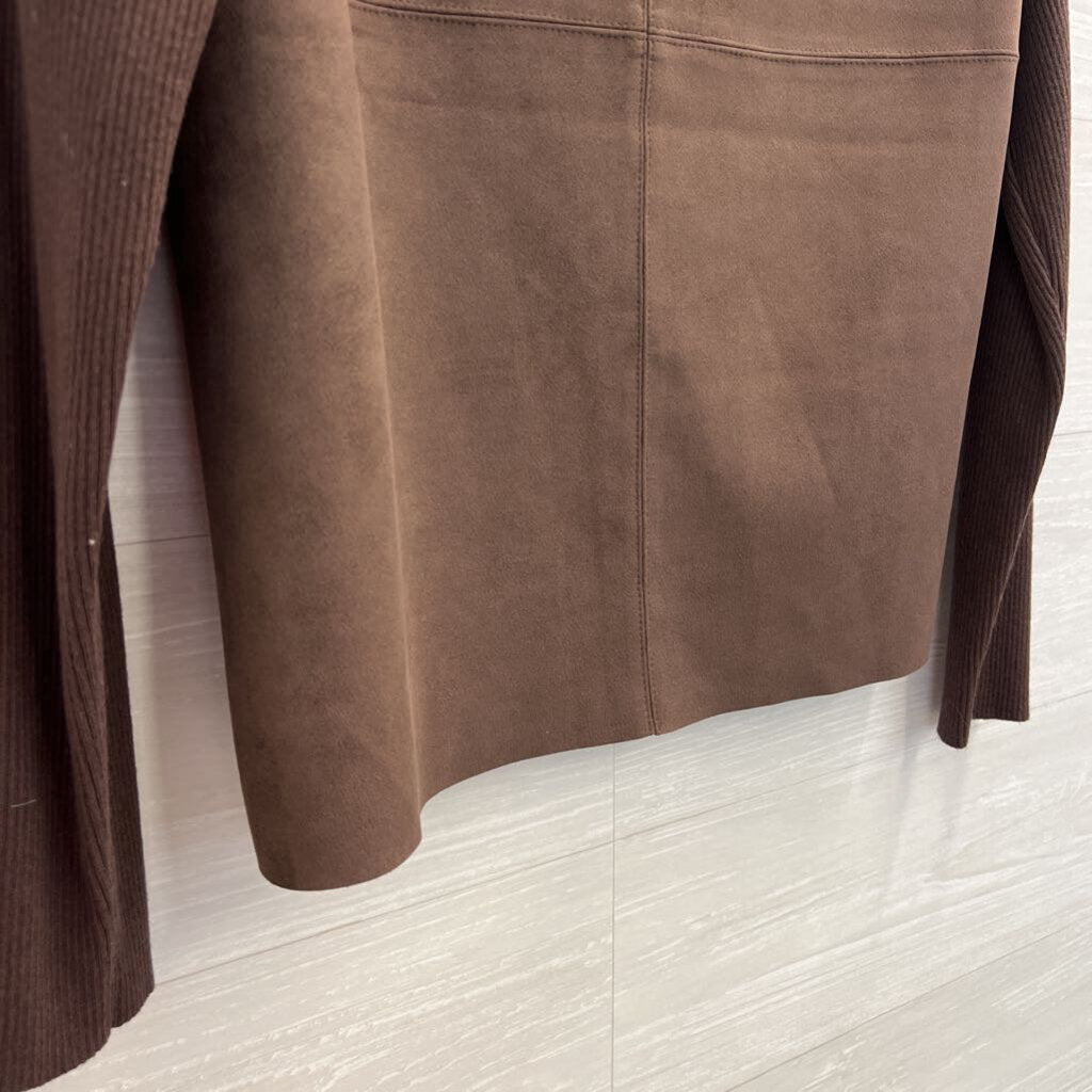Brown Ribbed Long Sleeve Suede Front Top Medium