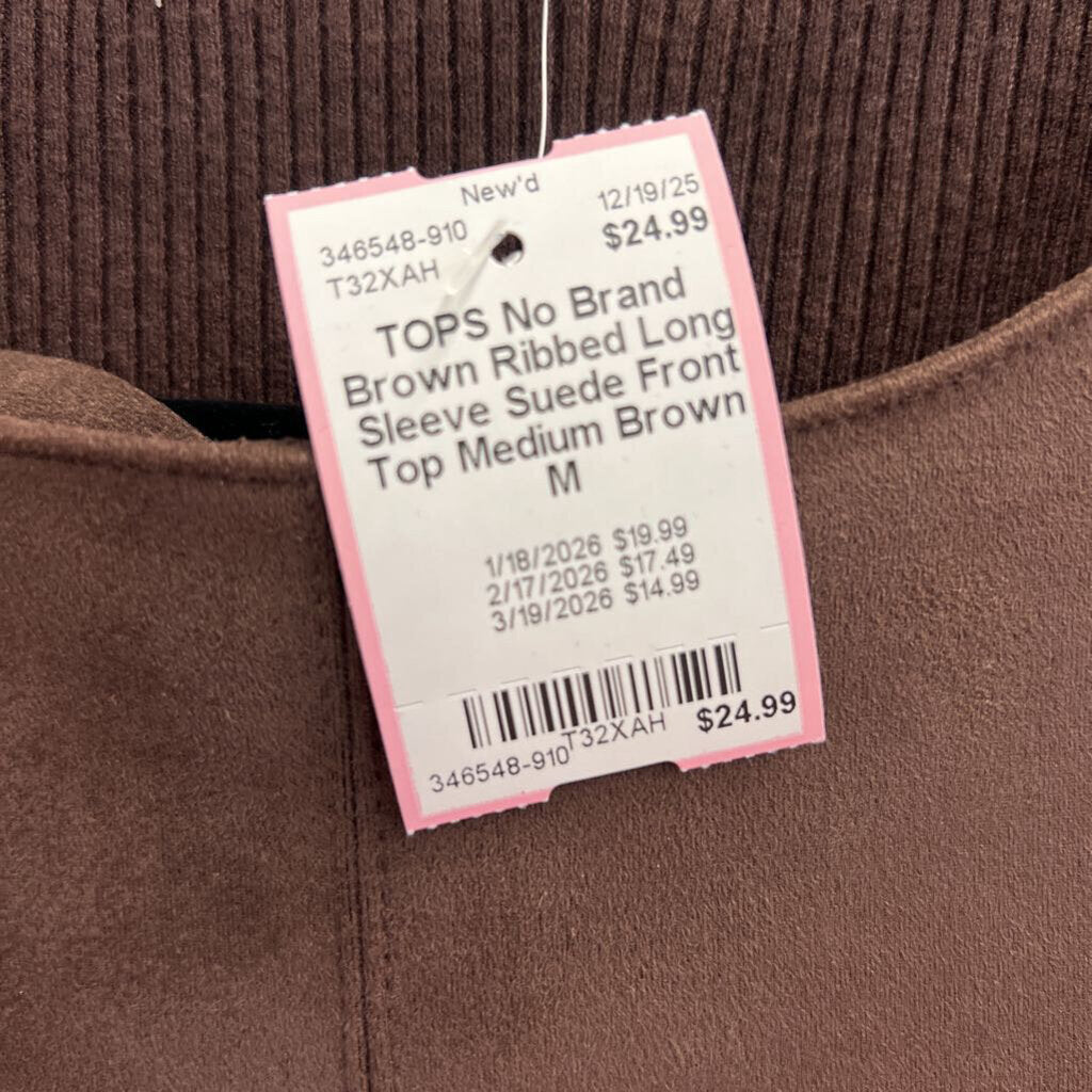 Brown Ribbed Long Sleeve Suede Front Top Medium