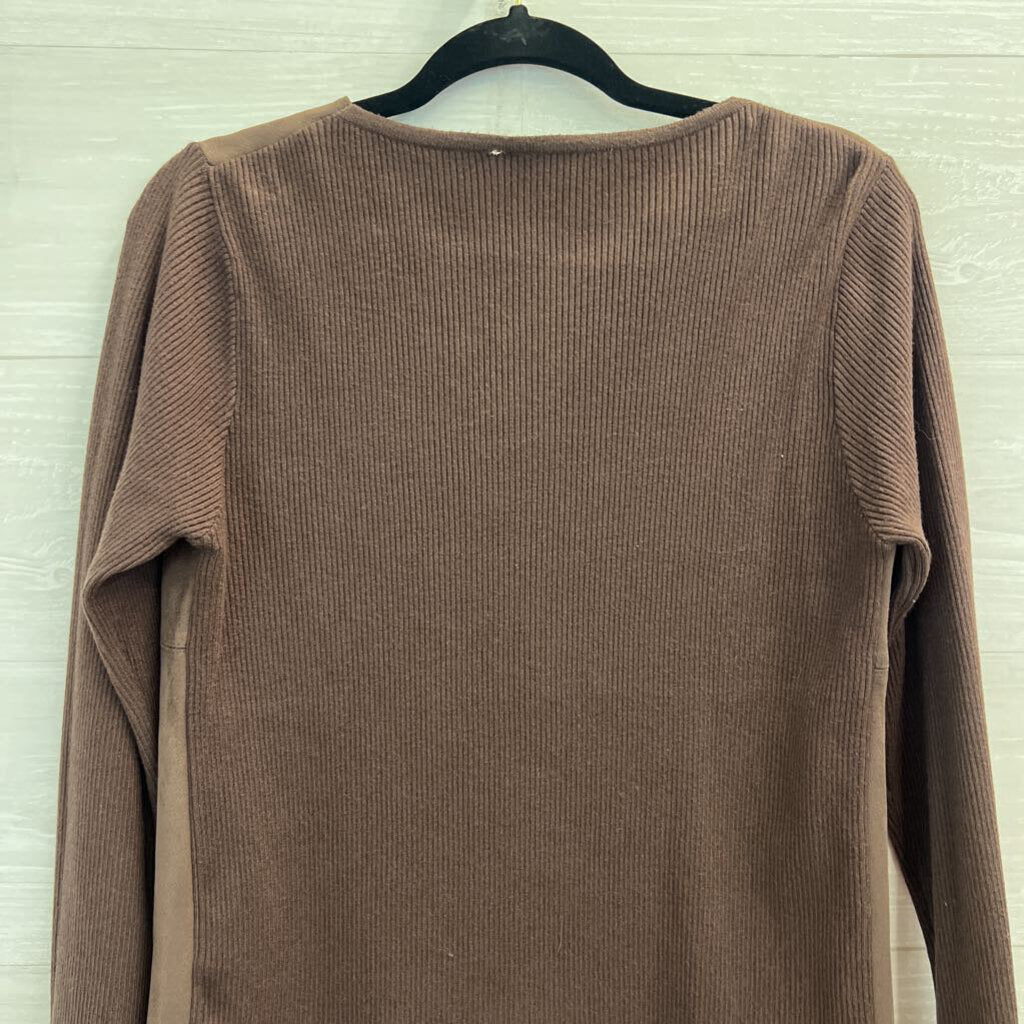 Brown Ribbed Long Sleeve Suede Front Top Medium