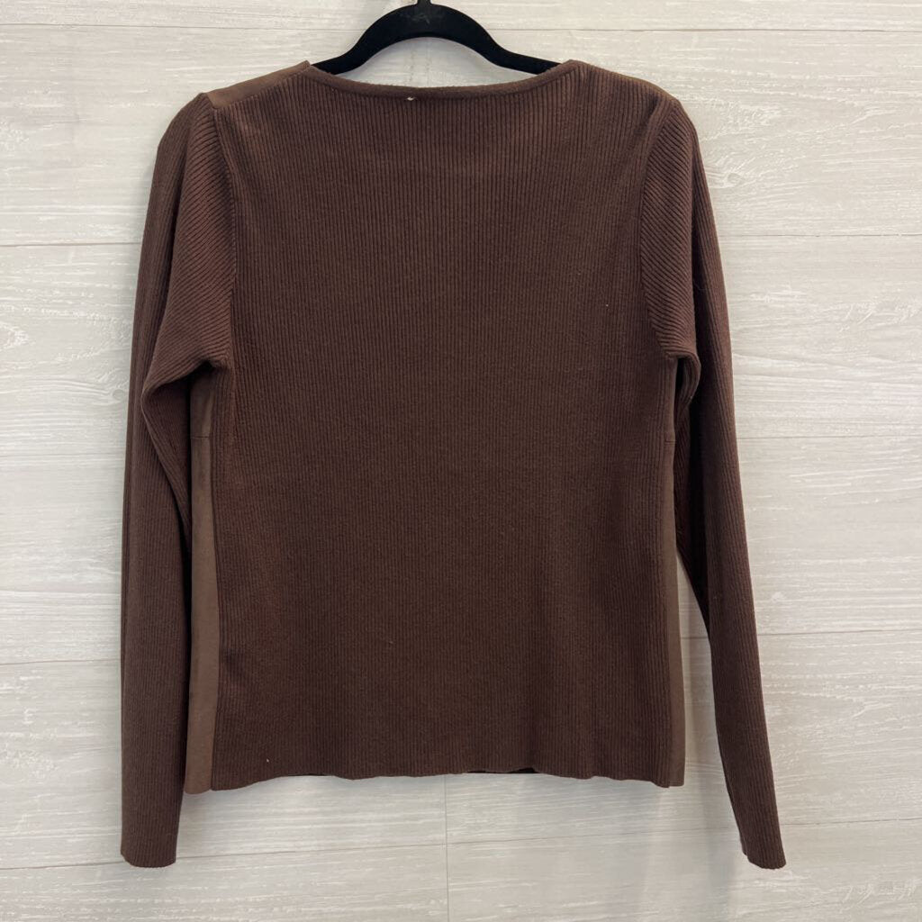 Brown Ribbed Long Sleeve Suede Front Top Medium