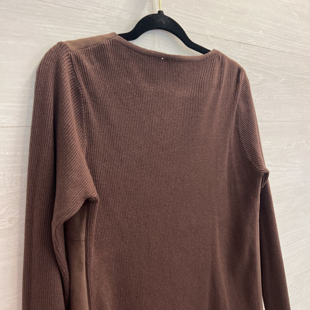 Brown Ribbed Long Sleeve Suede Front Top Medium