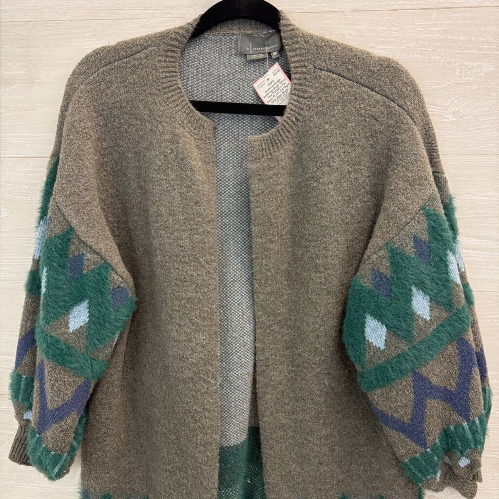 Anthropologie Grey/ Teal Pattern Kai Open Front Cardigan One Size