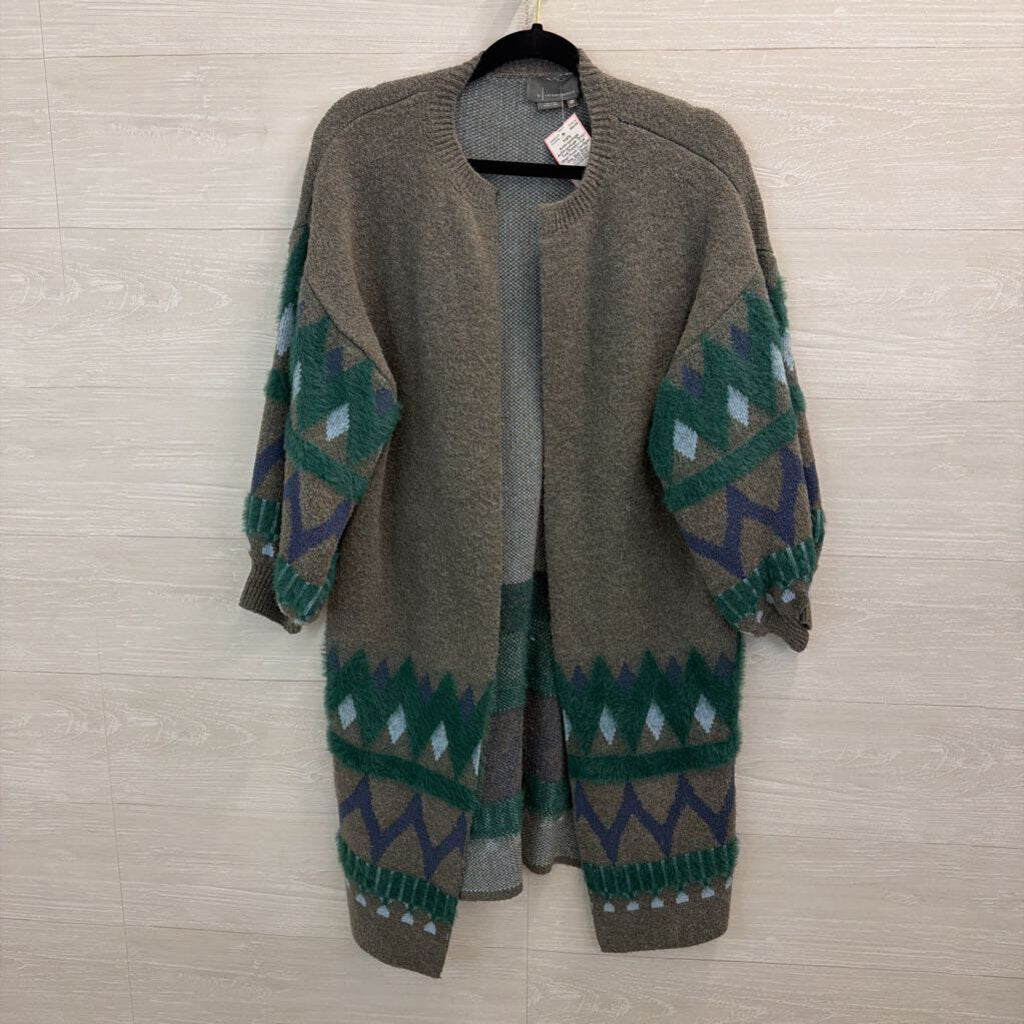 Anthropologie Grey/ Teal Pattern Kai Open Front Cardigan One Size