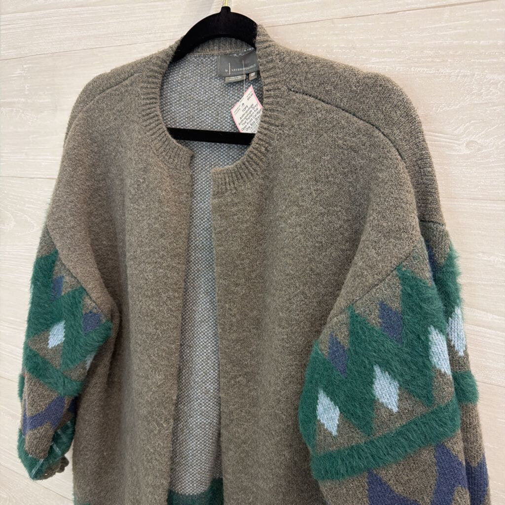 Anthropologie Grey/ Teal Pattern Kai Open Front Cardigan One Size