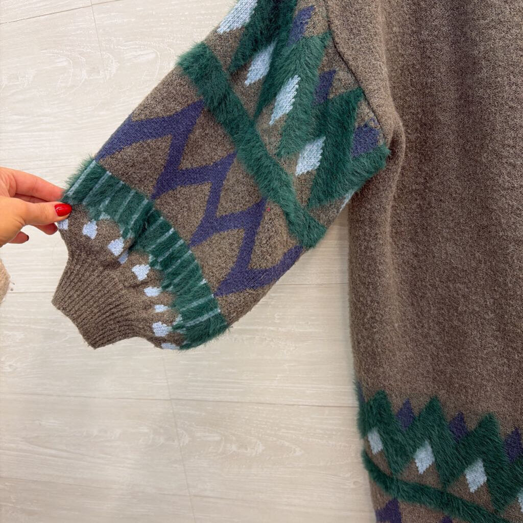 Anthropologie Grey/ Teal Pattern Kai Open Front Cardigan One Size