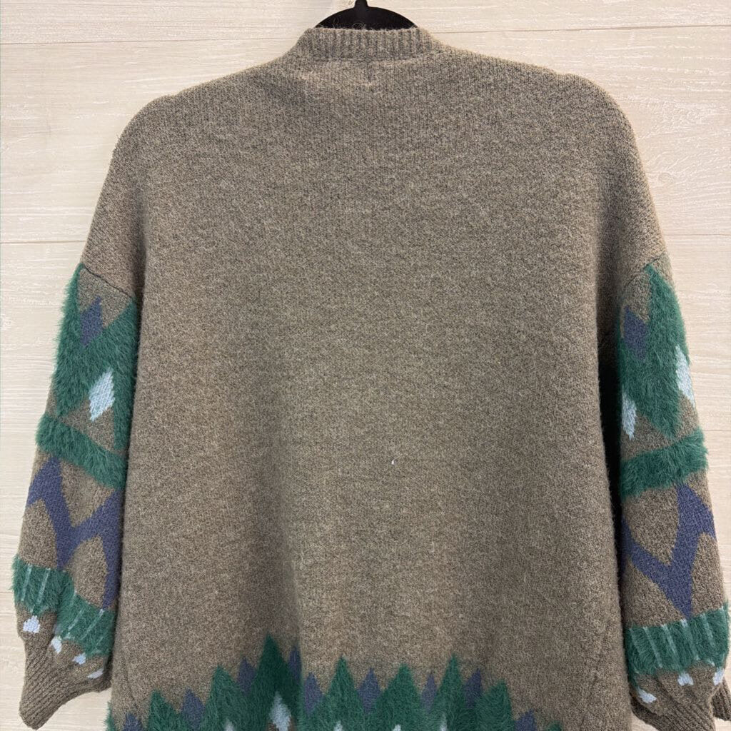 Anthropologie Grey/ Teal Pattern Kai Open Front Cardigan One Size