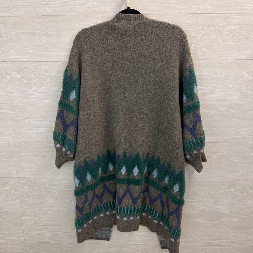 Anthropologie Grey/ Teal Pattern Kai Open Front Cardigan One Size