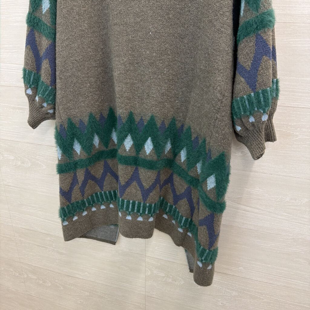 Anthropologie Grey/ Teal Pattern Kai Open Front Cardigan One Size