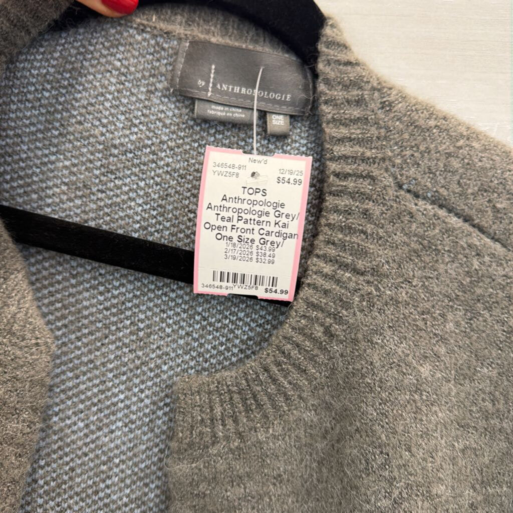 Anthropologie Grey/ Teal Pattern Kai Open Front Cardigan One Size