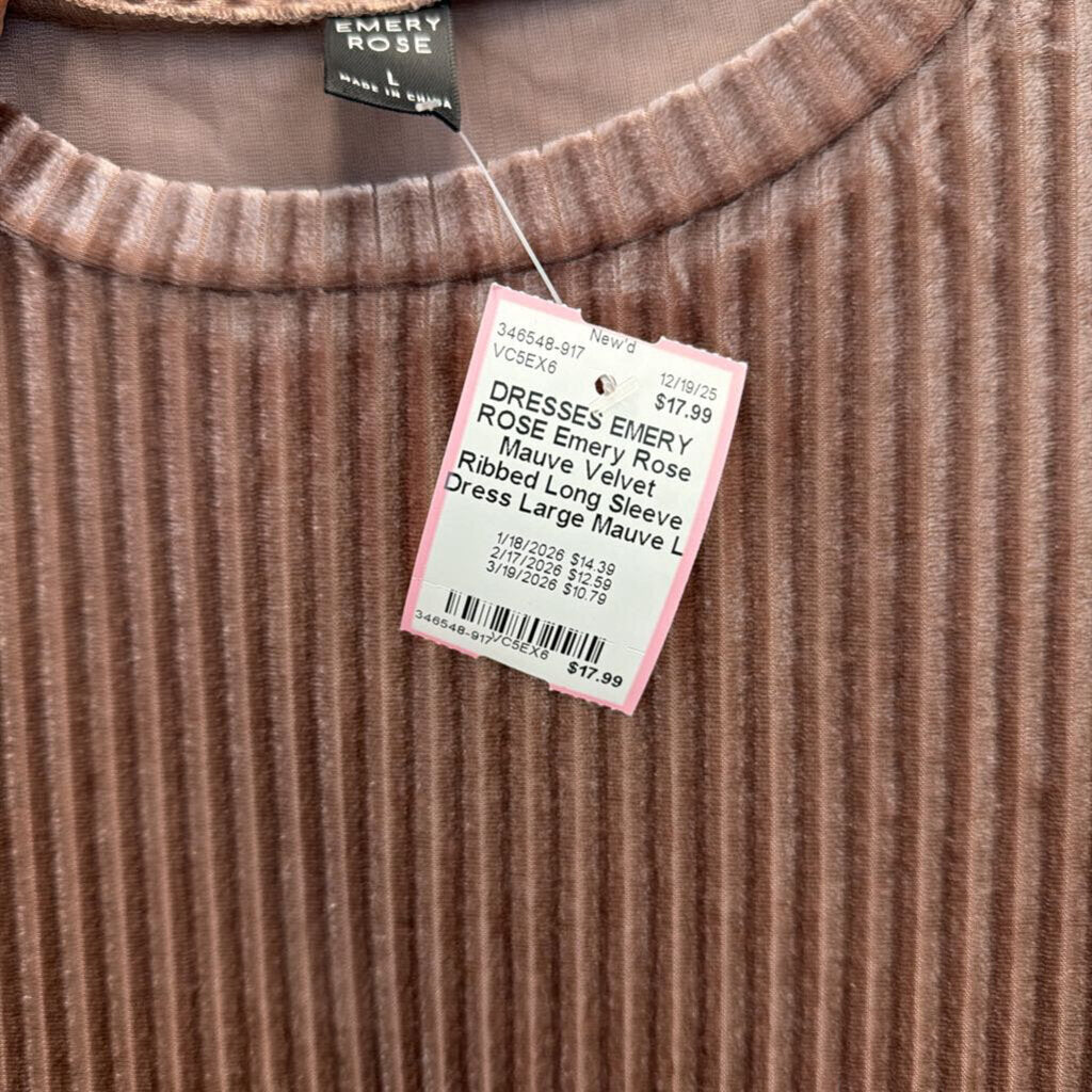 Emery Rose Mauve Velvet Ribbed Long Sleeve Dress Large