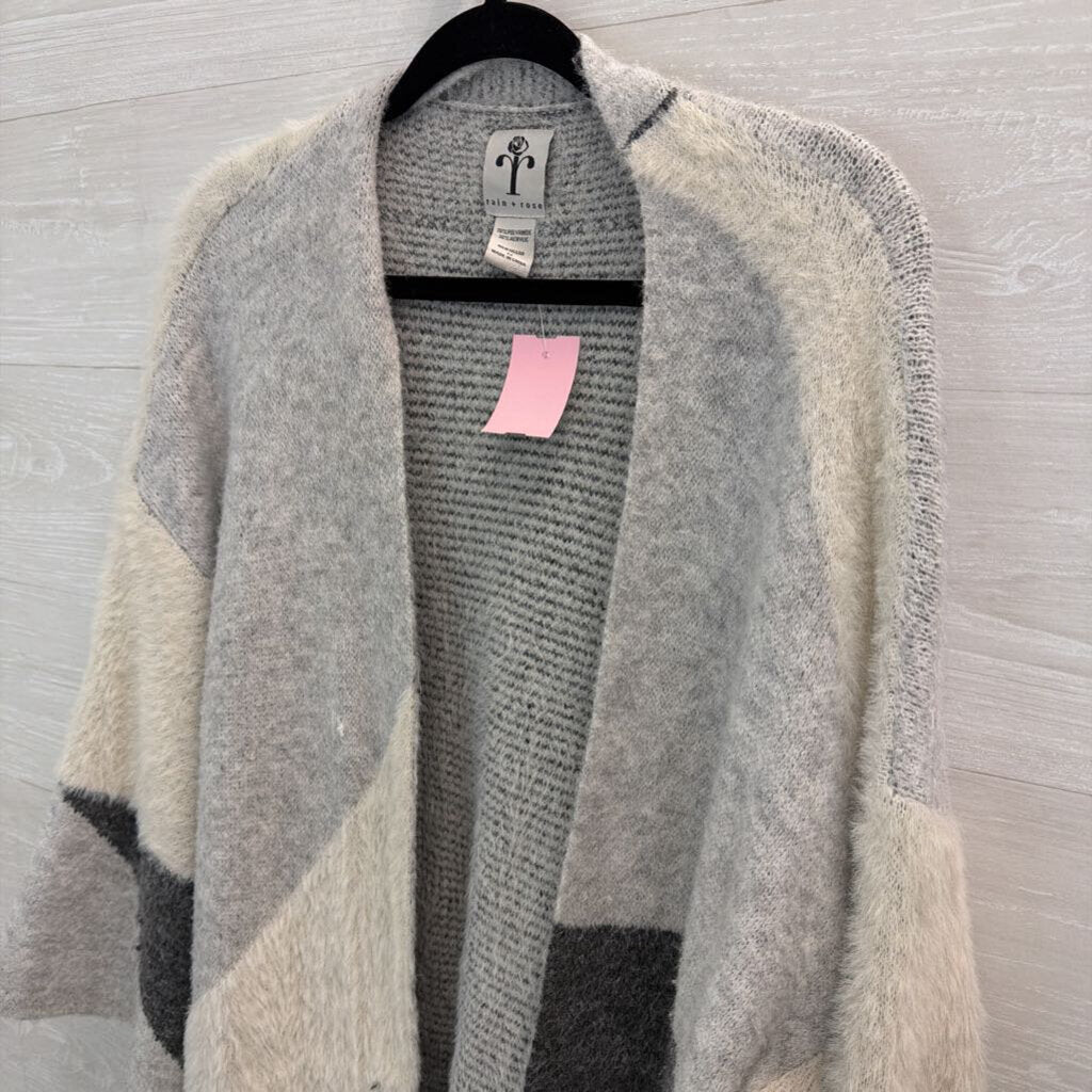 Rain and Rose Grey Soft Fuzzy Patchwork Knit Open Front Cardigan Medium