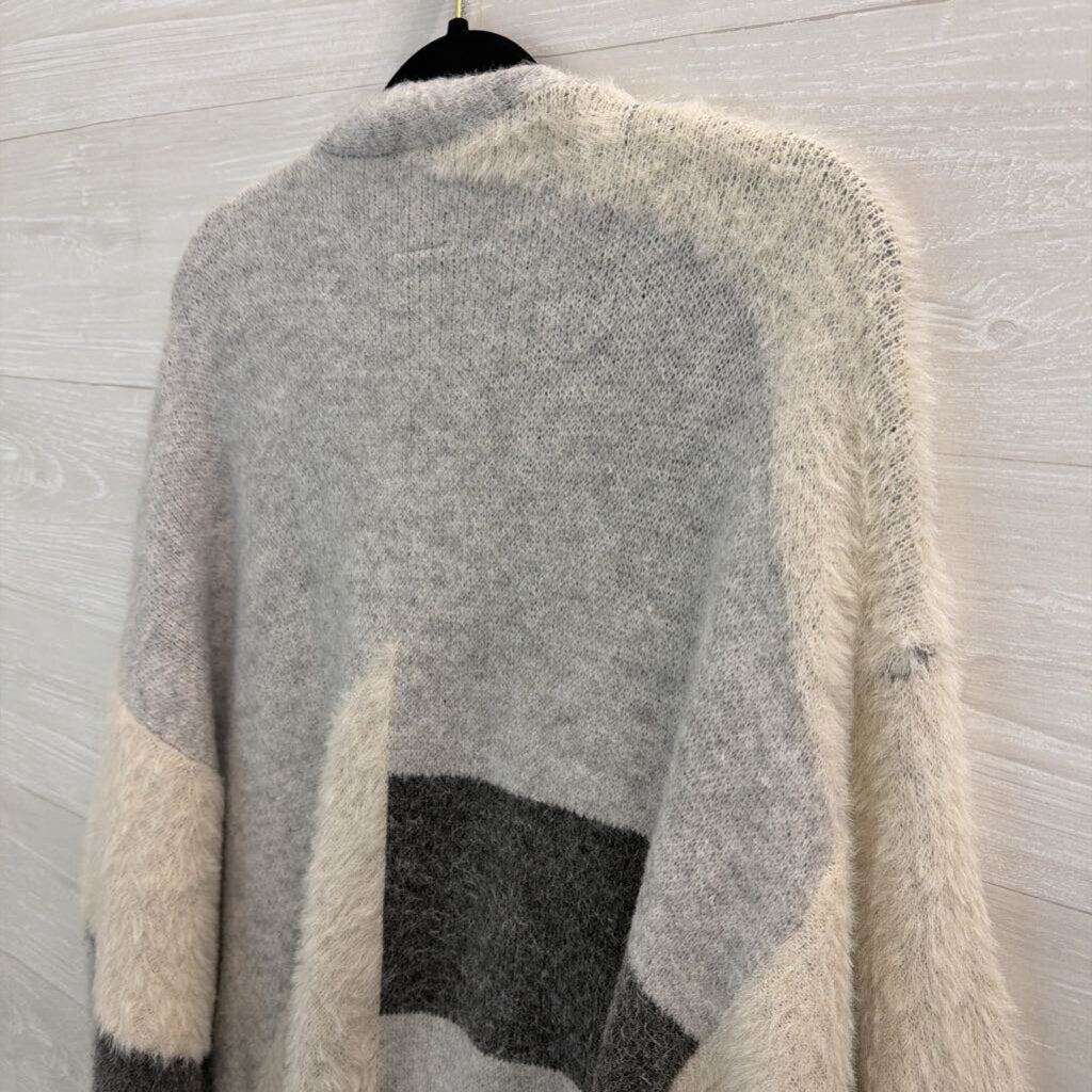 Rain and Rose Grey Soft Fuzzy Patchwork Knit Open Front Cardigan Medium