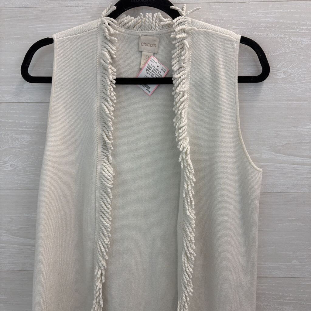Chicos White Fringe Edge Sleeveless Open Front Vest Top 0