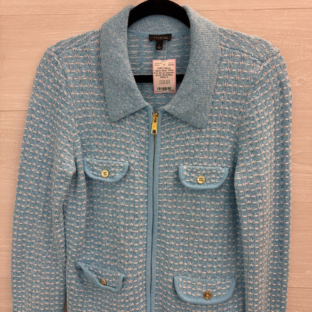 Talbots Blue/ White Knit Zip Up Sweater Jacket Small