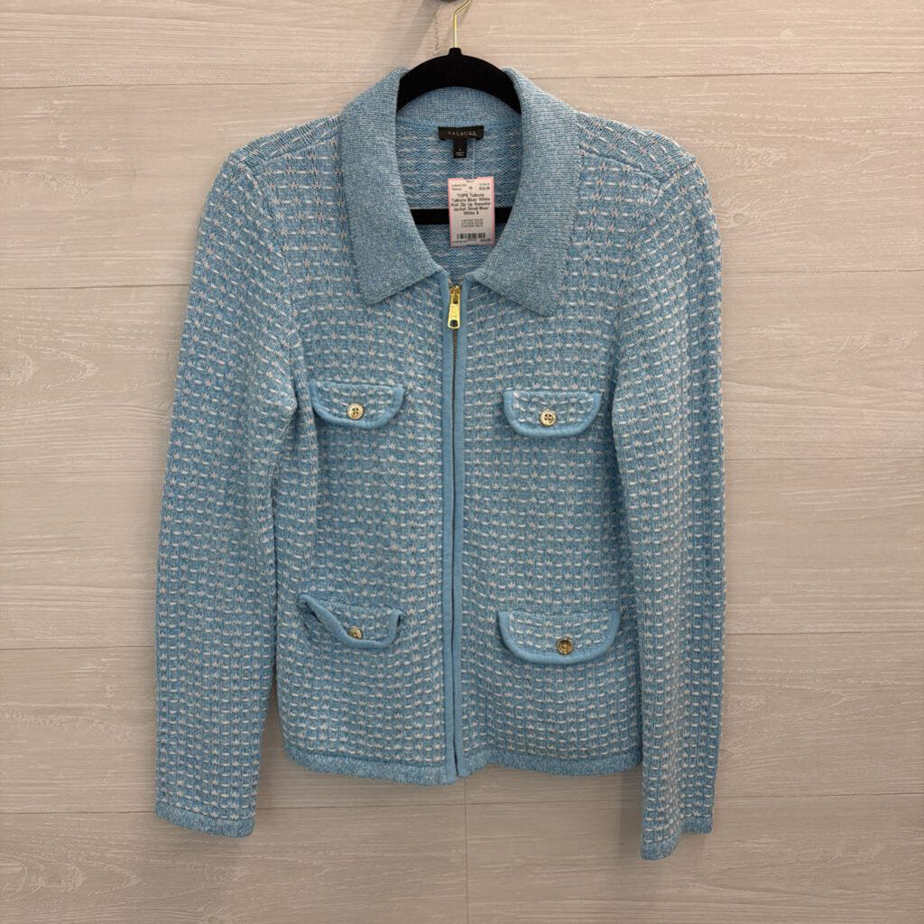 Talbots Blue/ White Knit Zip Up Sweater Jacket Small