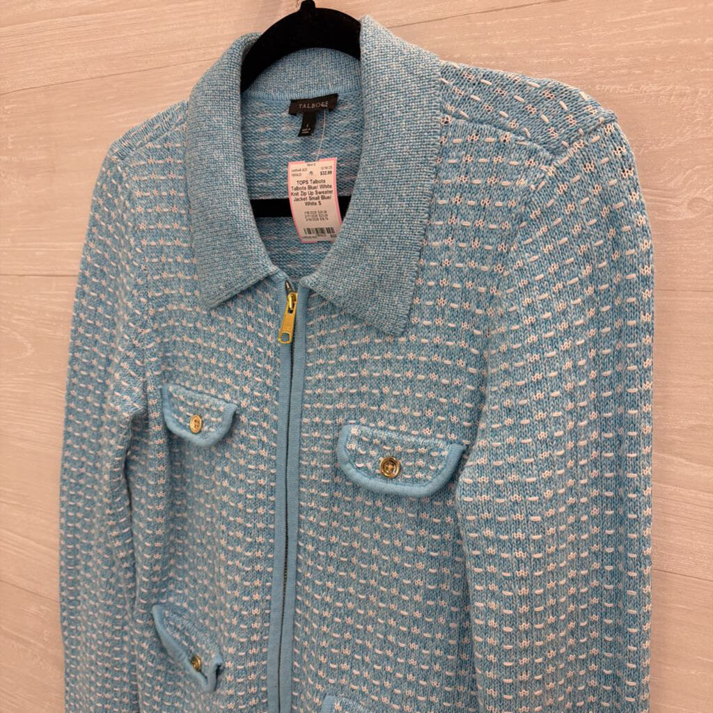 Talbots Blue/ White Knit Zip Up Sweater Jacket Small