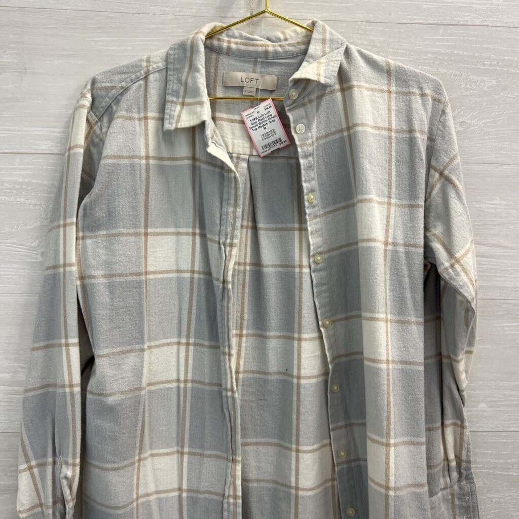 Loft Grey Plaid Long Sleeve Button Down Top Medium