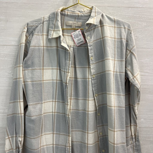 Loft Grey Plaid Long Sleeve Button Down Top Medium