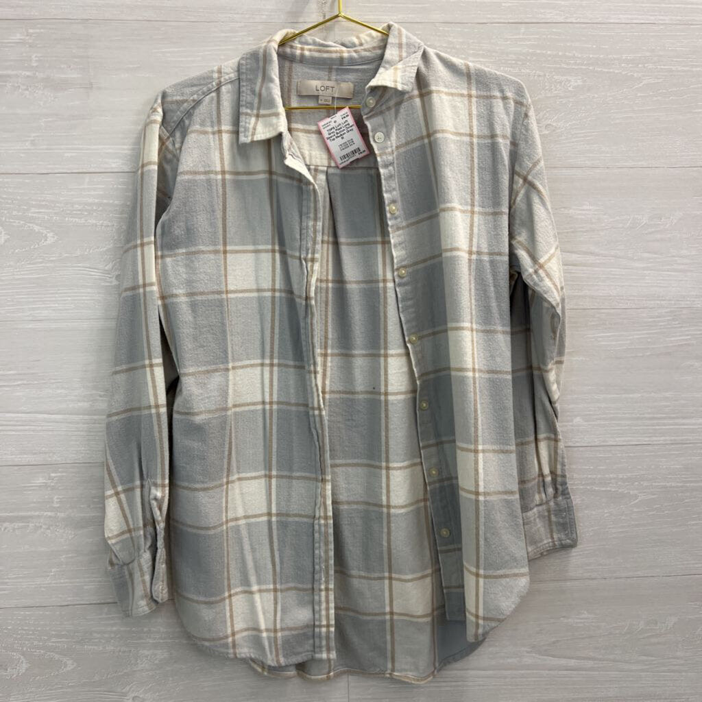 Loft Grey Plaid Long Sleeve Button Down Top Medium