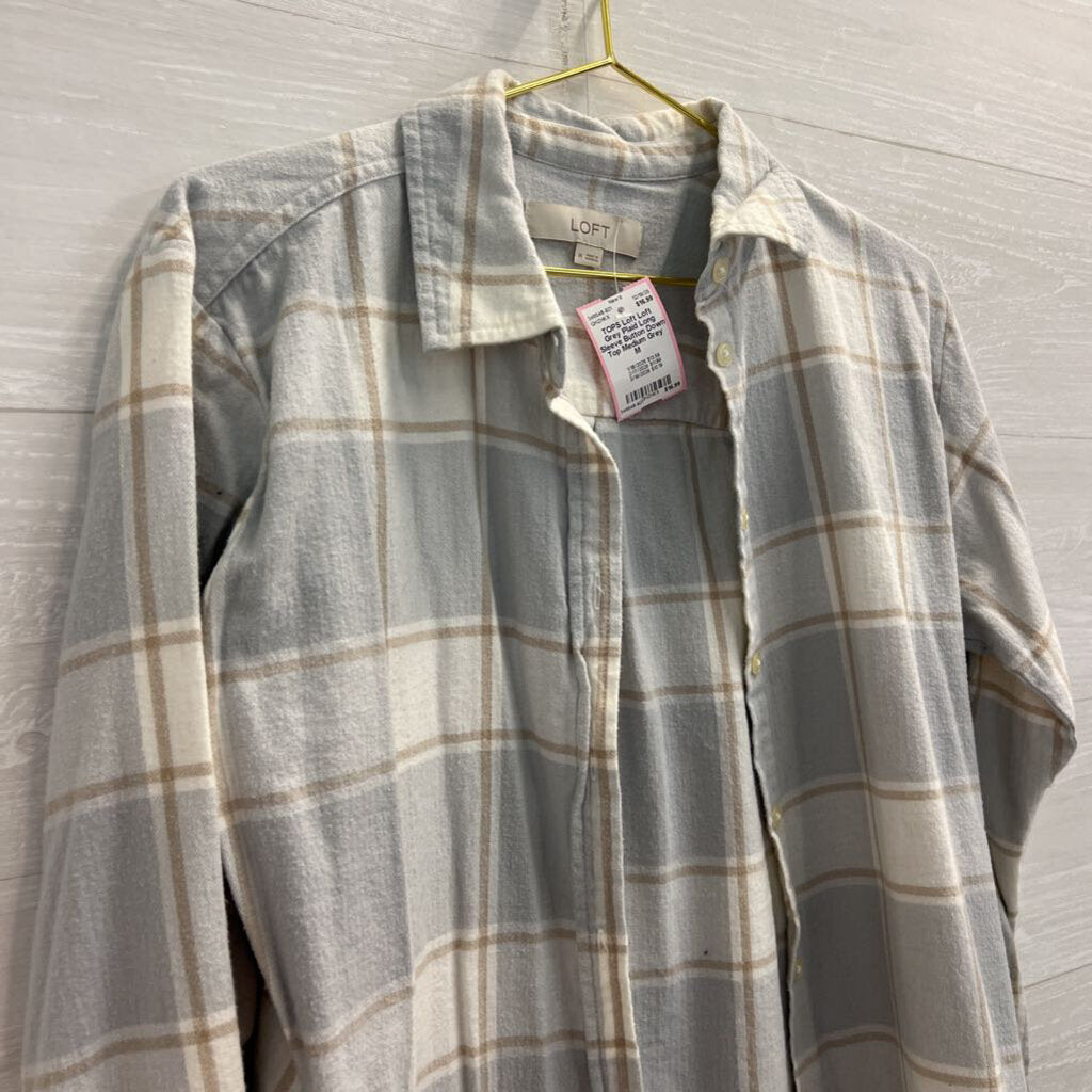 Loft Grey Plaid Long Sleeve Button Down Top Medium
