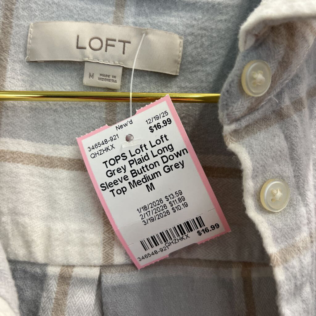 Loft Grey Plaid Long Sleeve Button Down Top Medium