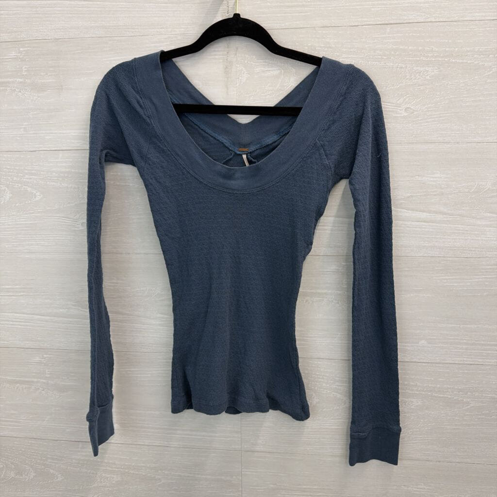 Free People Blue V Neck Long Sleeve Top Medium