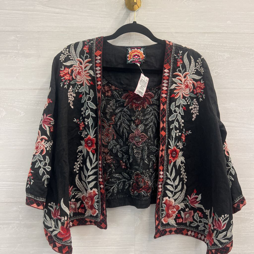 Johnny Was Black/ Multi Embroidered Open Front Kimono Top Small