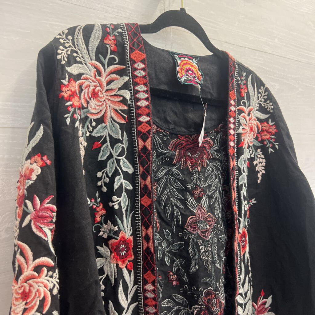 Johnny Was Black/ Multi Embroidered Open Front Kimono Top Small