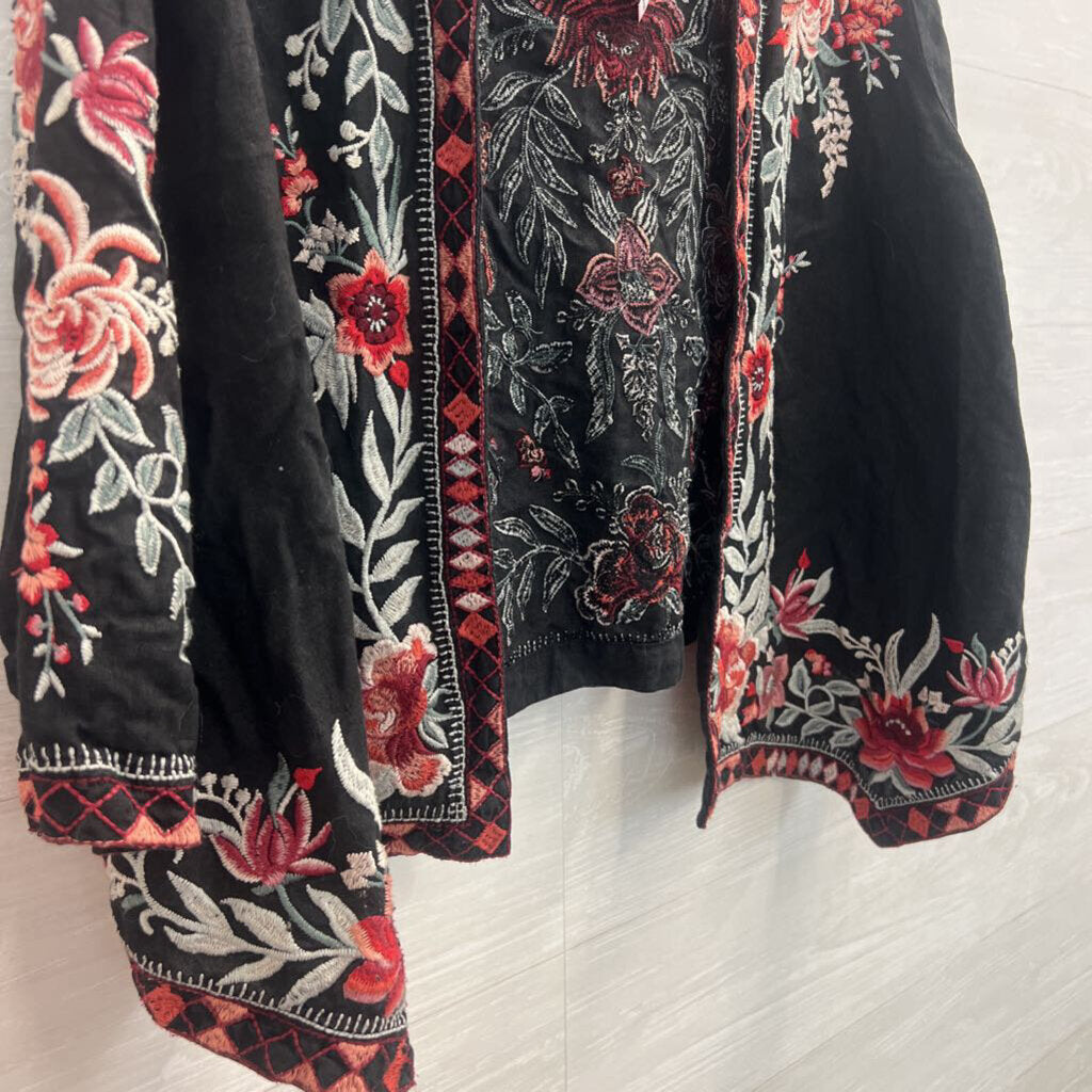 Johnny Was Black/ Multi Embroidered Open Front Kimono Top Small