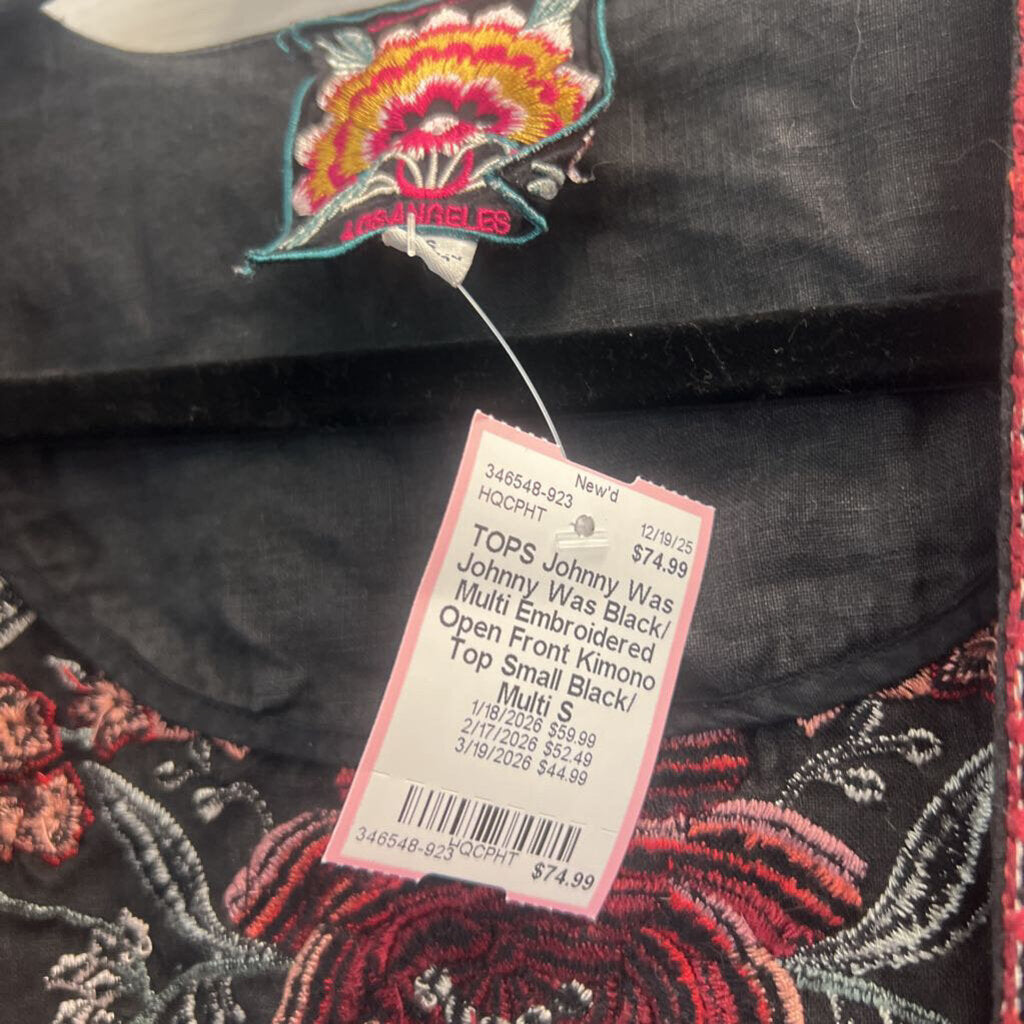 Johnny Was Black/ Multi Embroidered Open Front Kimono Top Small