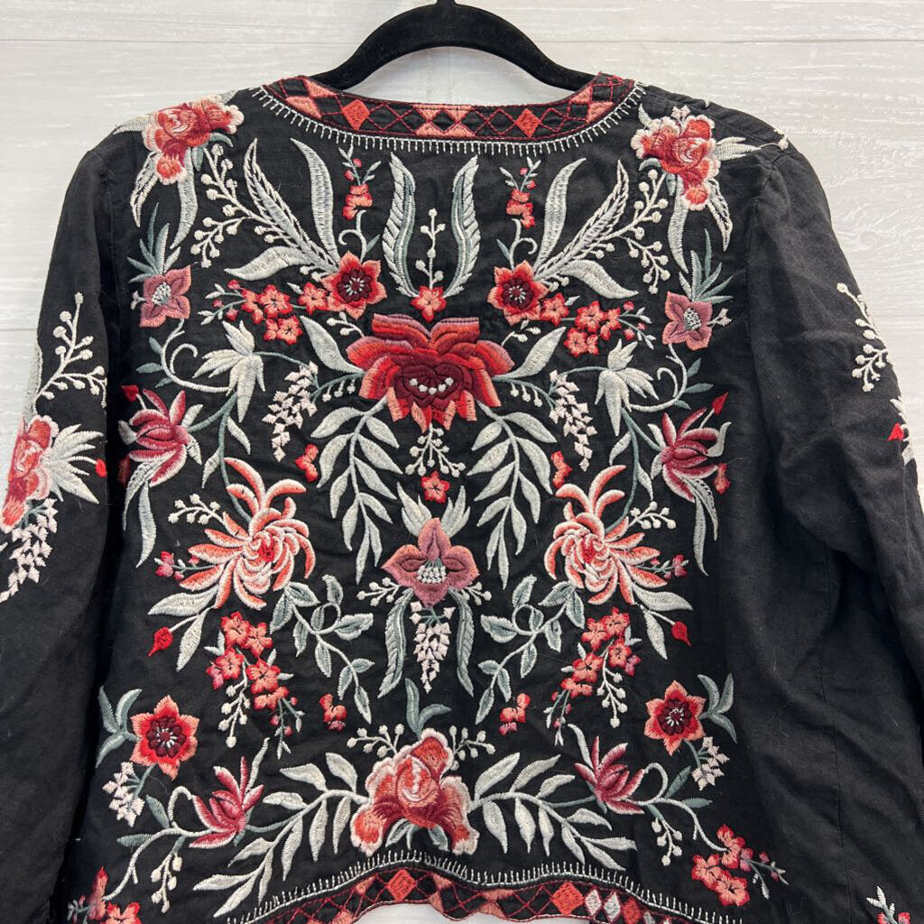 Johnny Was Black/ Multi Embroidered Open Front Kimono Top Small