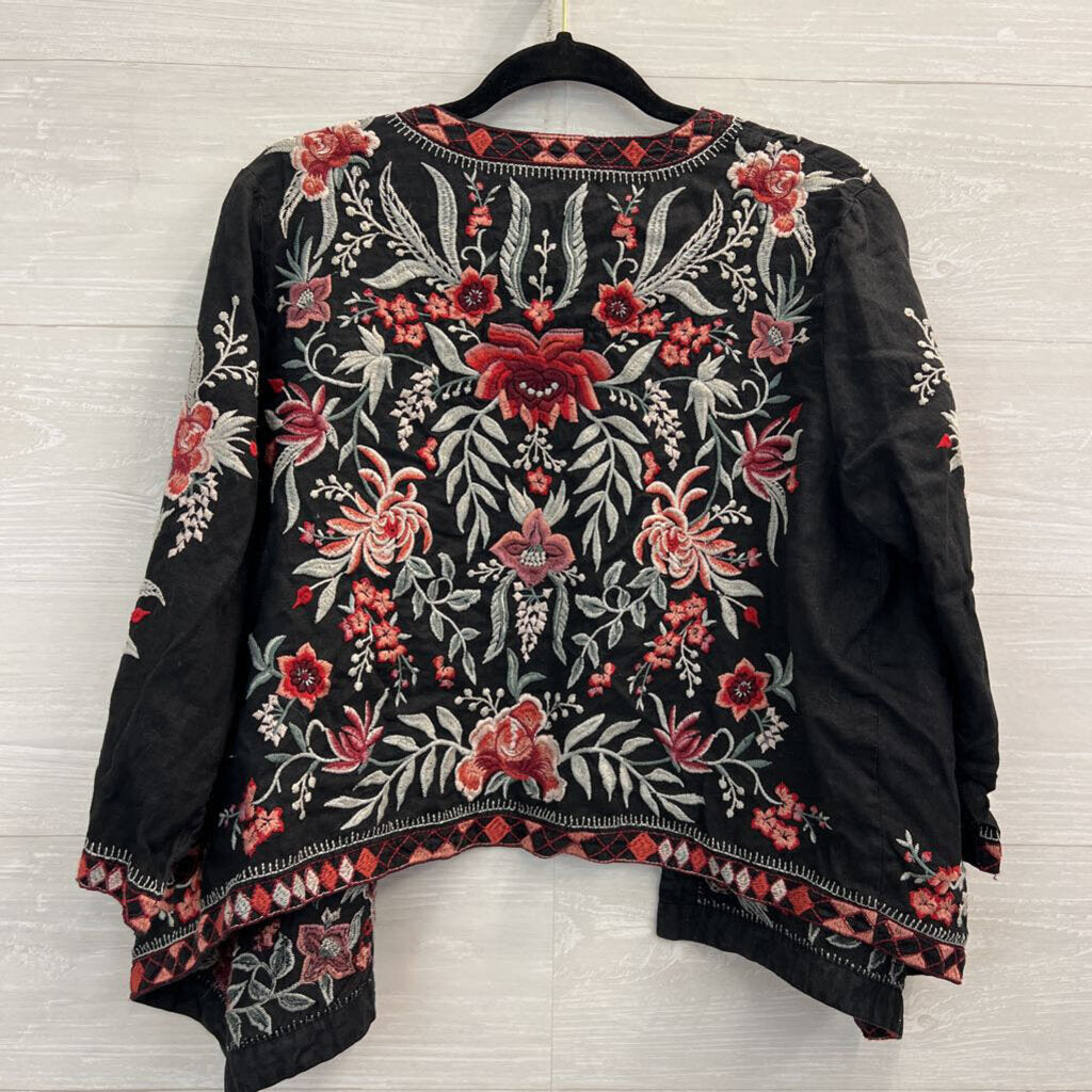 Johnny Was Black/ Multi Embroidered Open Front Kimono Top Small