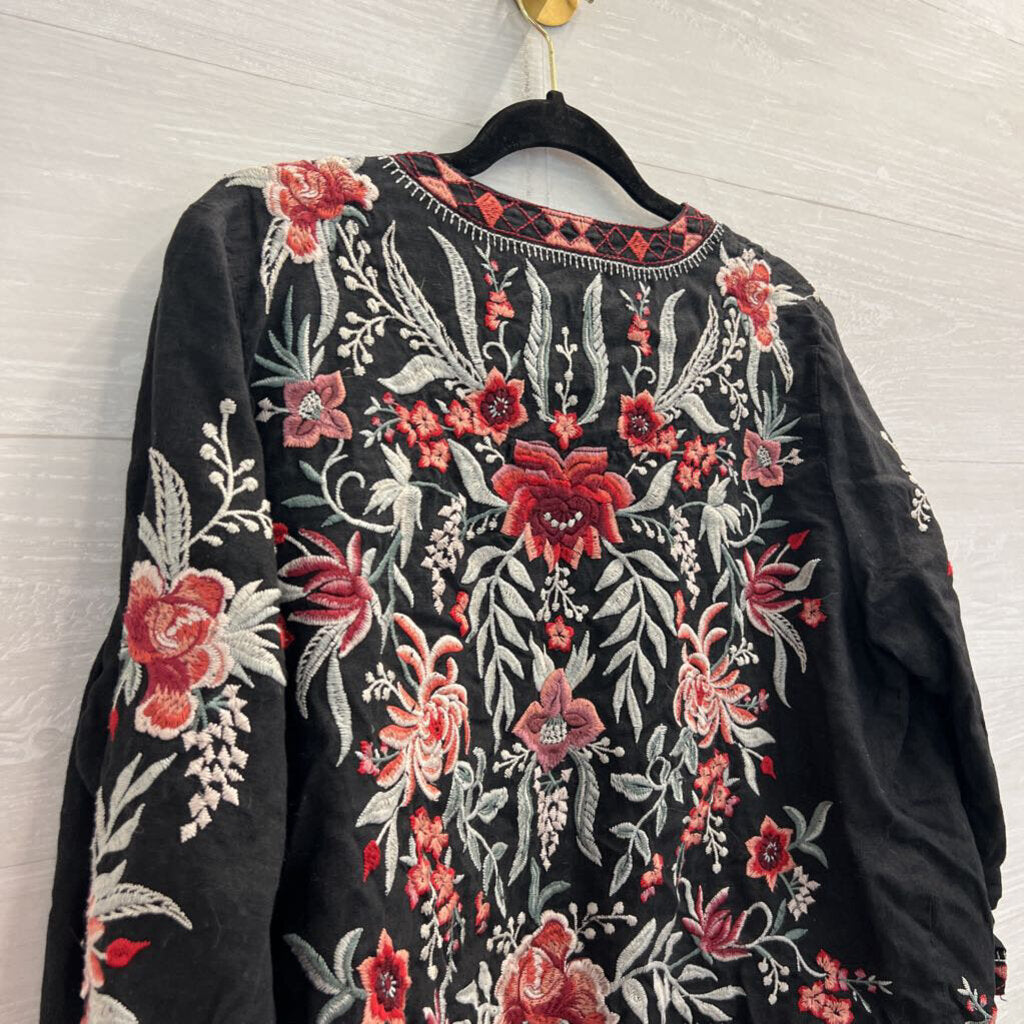 Johnny Was Black/ Multi Embroidered Open Front Kimono Top Small