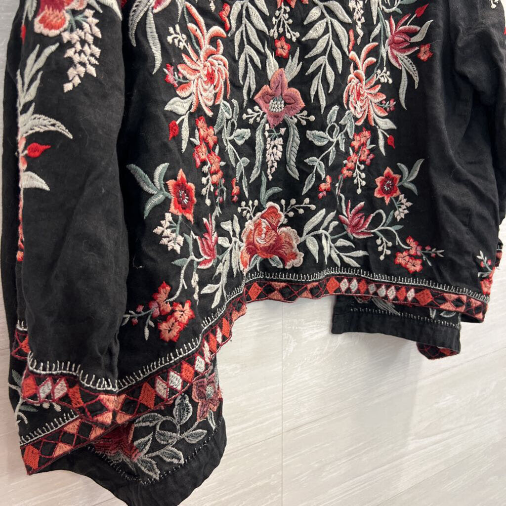 Johnny Was Black/ Multi Embroidered Open Front Kimono Top Small