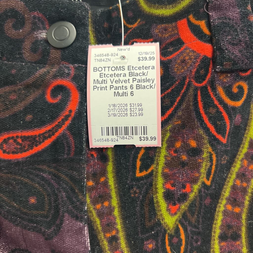 Etcetera Black/ Multi Velvet Paisley Print Pants 6