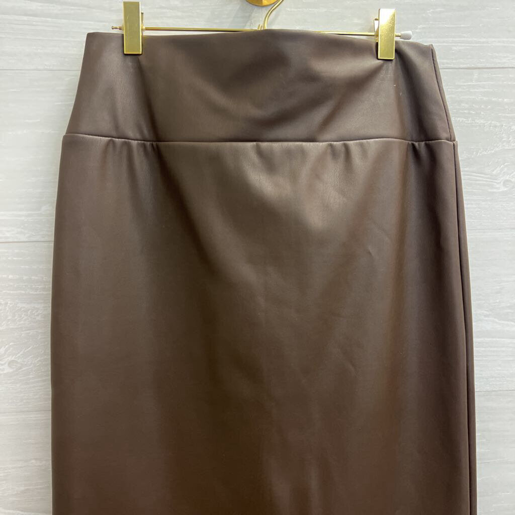 Brown Faux Leather Midi Skirt Medium
