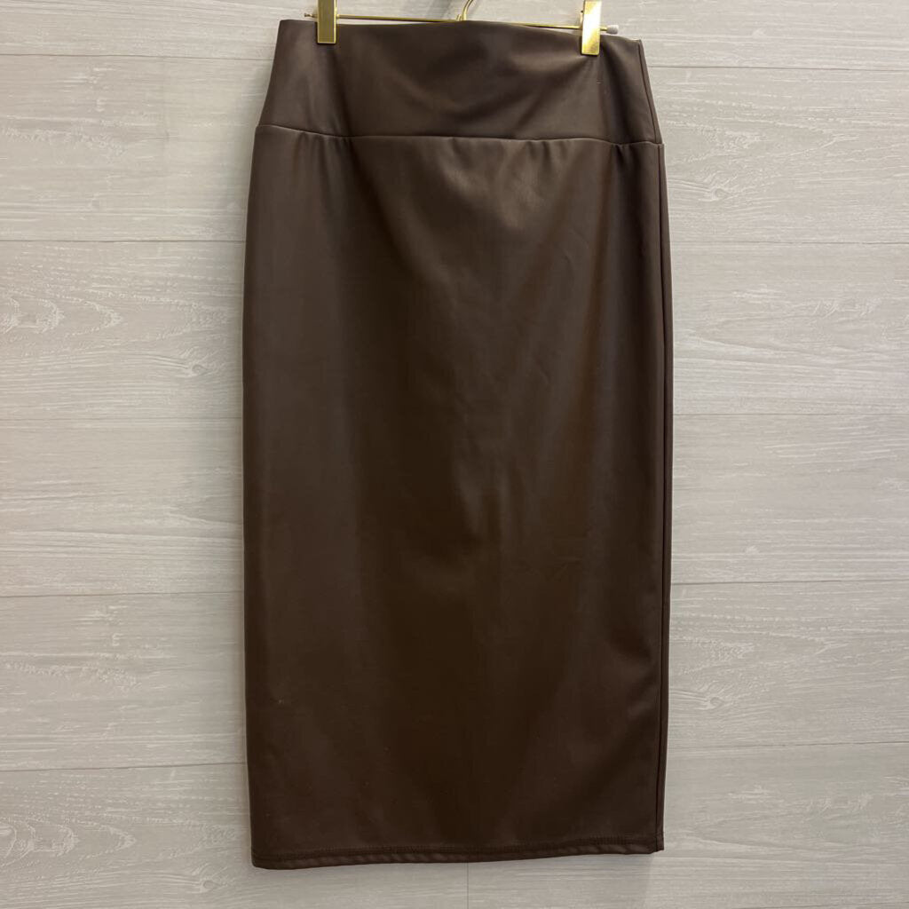 Brown Faux Leather Midi Skirt Medium