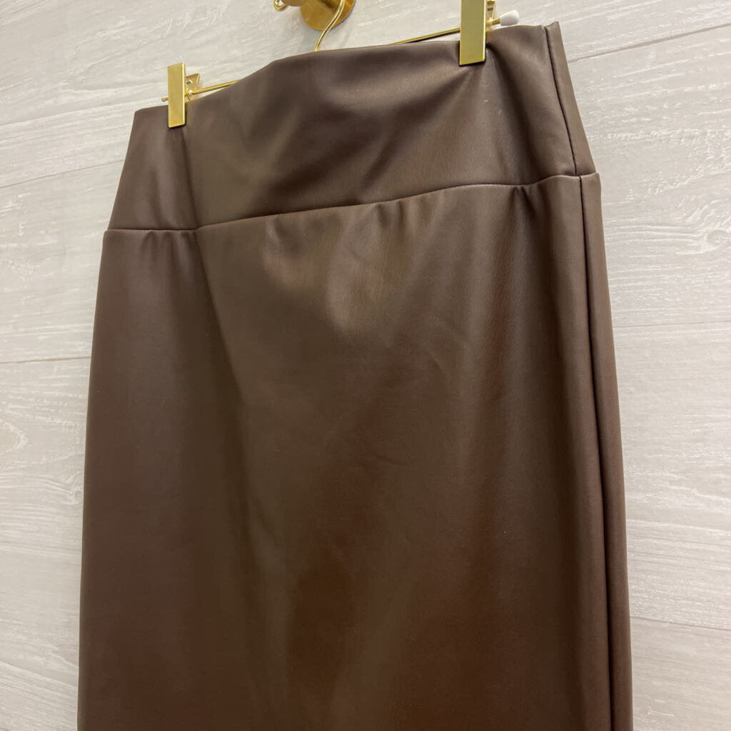 Brown Faux Leather Midi Skirt Medium