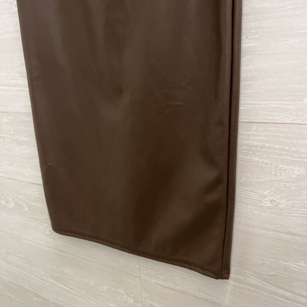 Brown Faux Leather Midi Skirt Medium