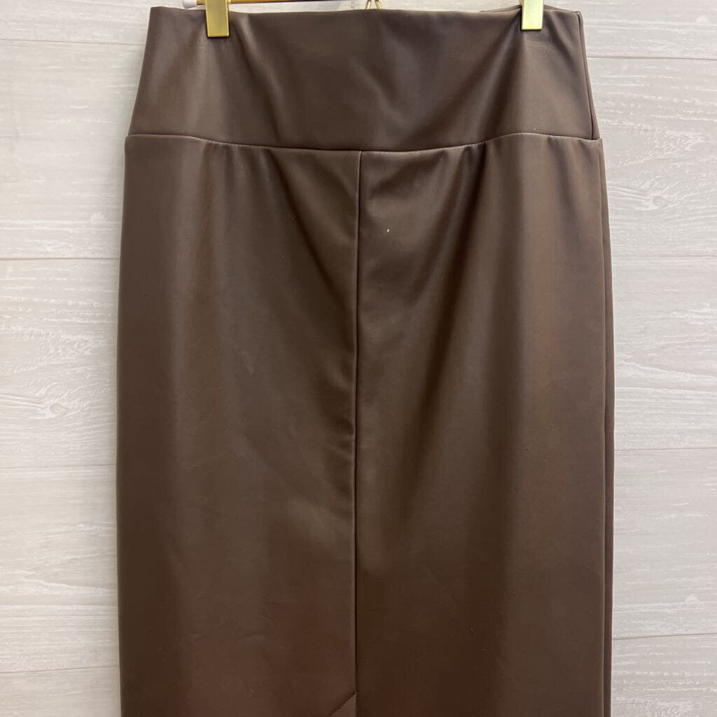 Brown Faux Leather Midi Skirt Medium