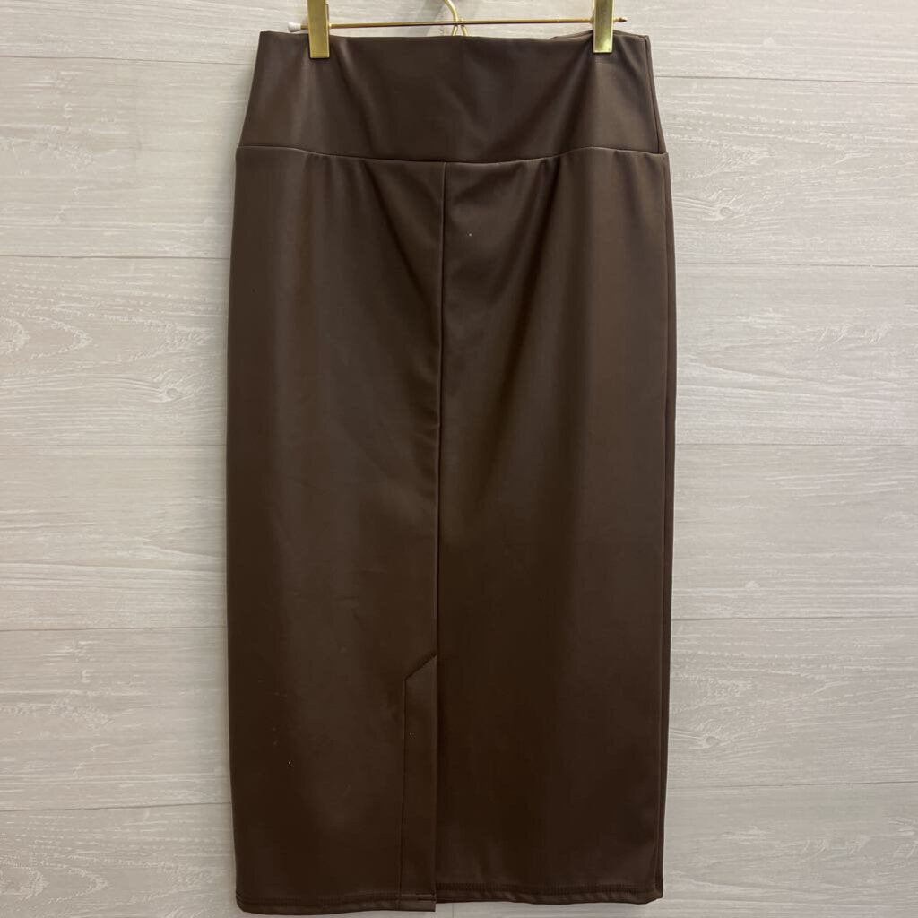 Brown Faux Leather Midi Skirt Medium