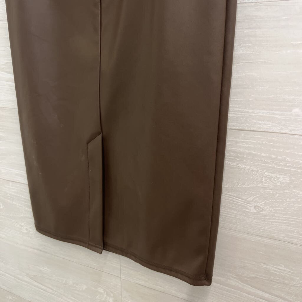 Brown Faux Leather Midi Skirt Medium