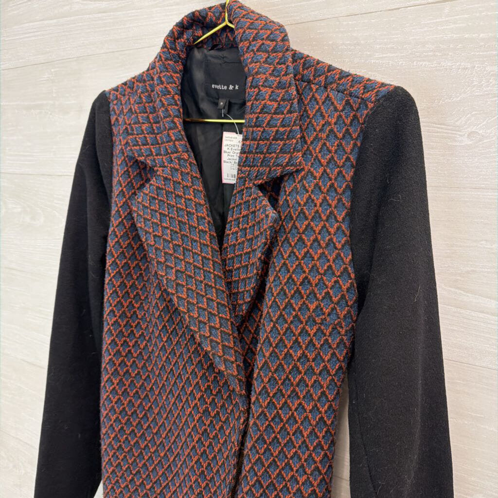 Evette and K Blue/ Orange/ Black Print Tie Waist Jacket Medium